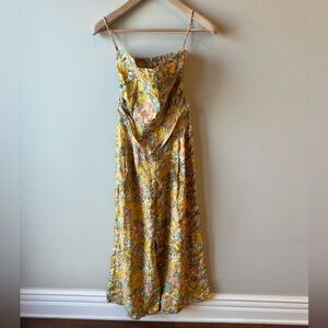 Revolve Faithfull the Brand Yellow Linen Floral Wide Leg Jumpsuit size 6
